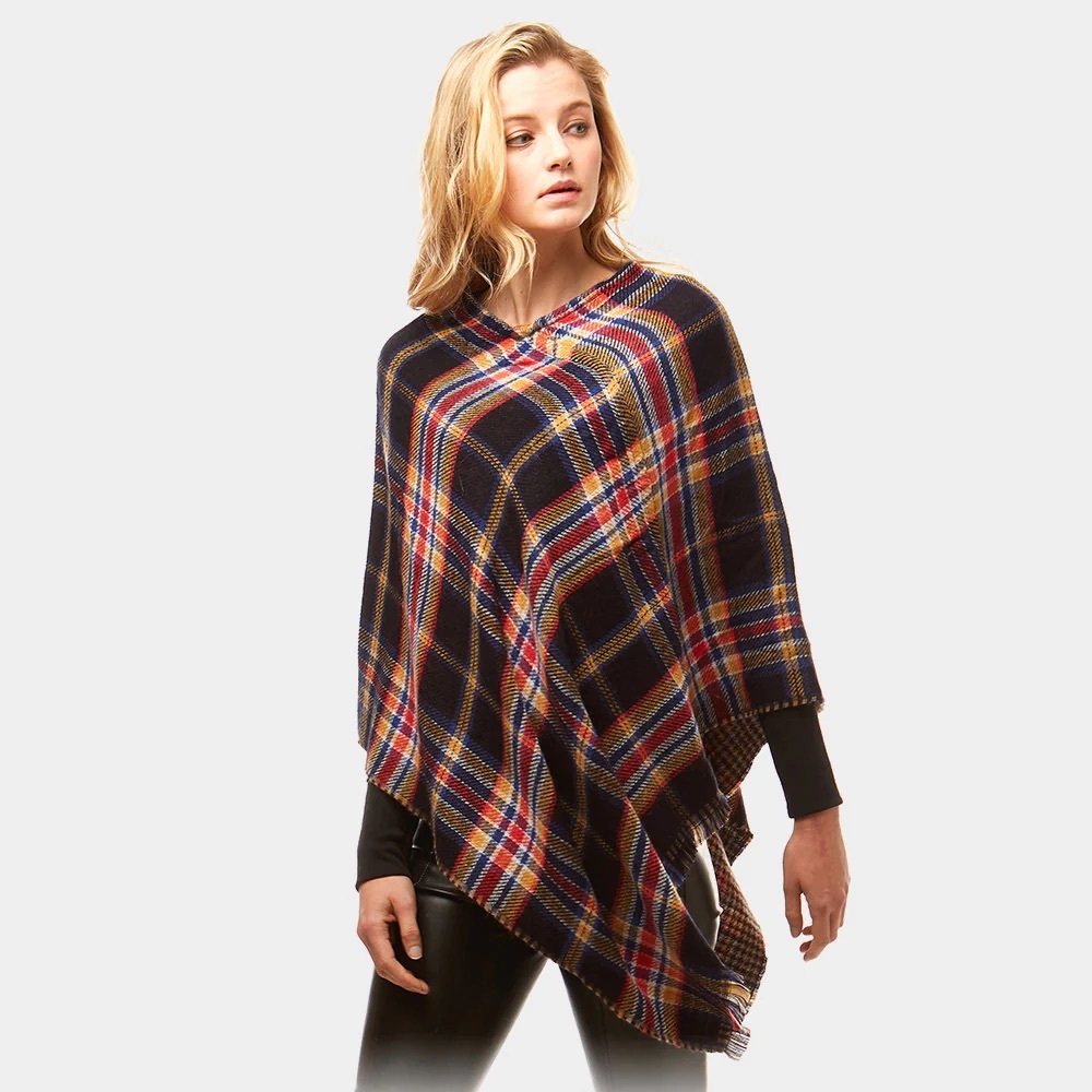 Plaid Poncho with Multicolor Stripes